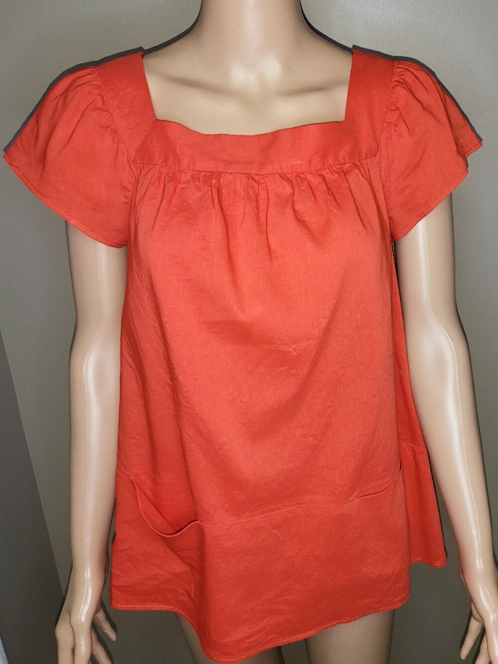 Theory Orange Linen Blend Blouse Size Medium Square Neck Cap Sleeve Designer Top